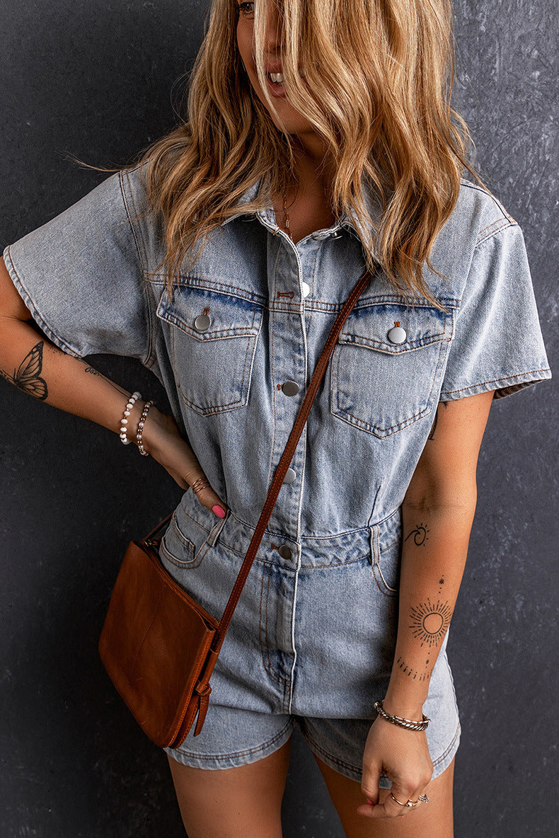 Retro Washed Denim Short Sleeve Romper Jumpsuit Casual One Piece for Women
