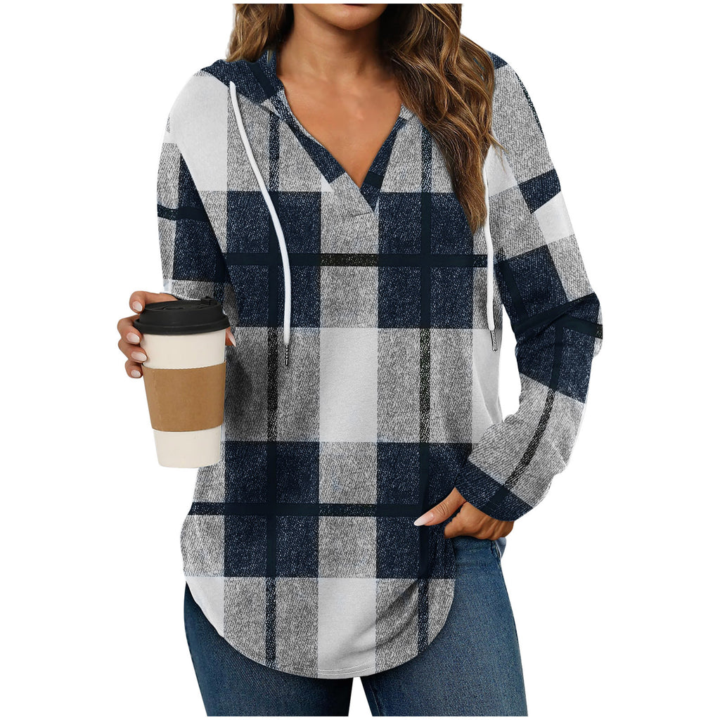 Casual Plaid Long Sleeve Hooded Pullover with Adjustable V-Neck Drawstring