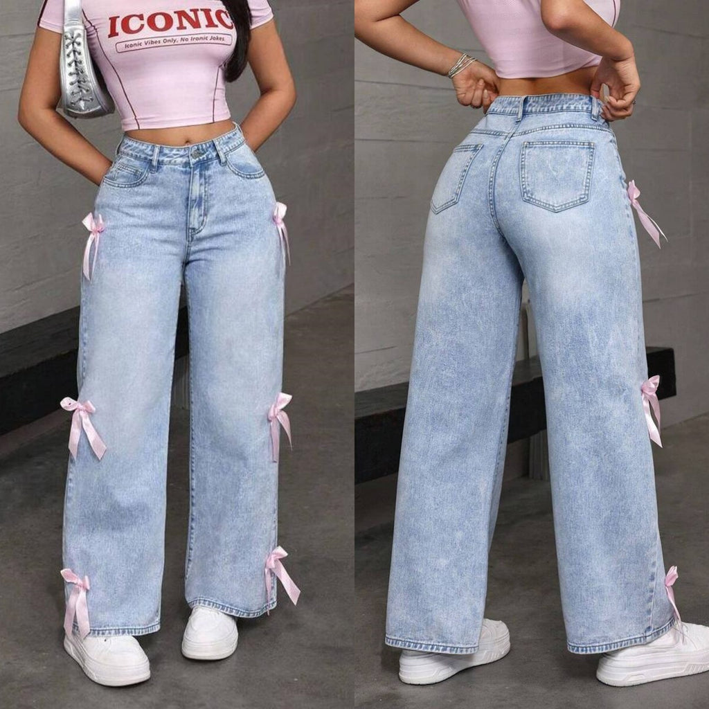 Chic Bow-Accent Straight Leg Jeans - Loose Fit Retro Denim