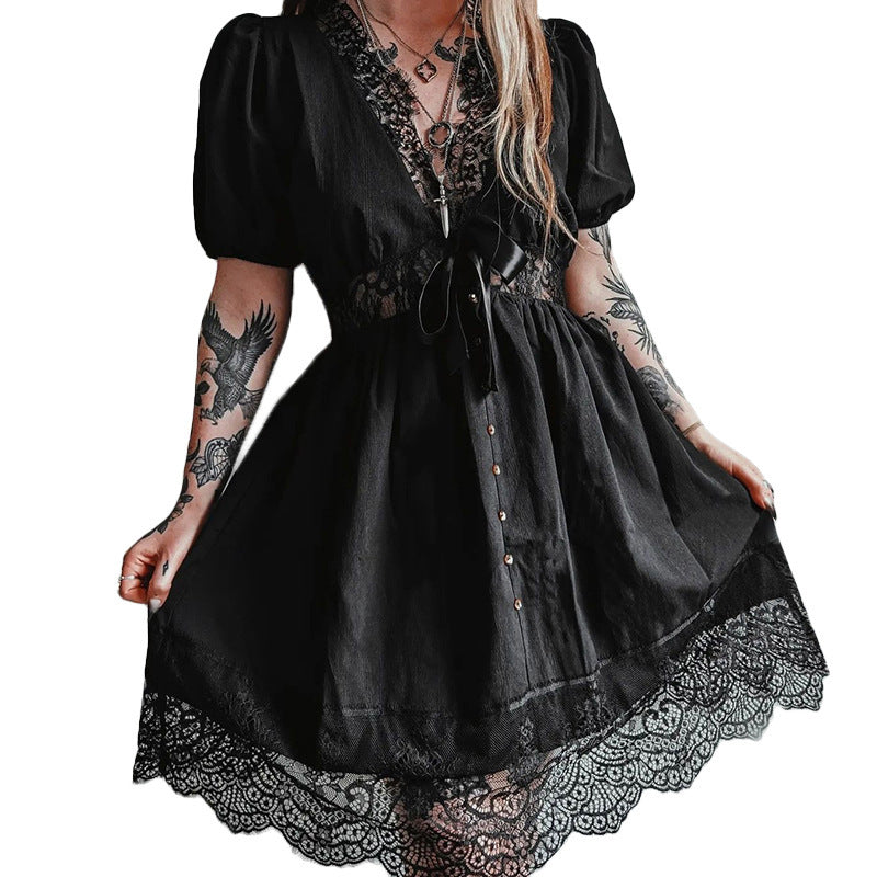 Elegant Black Lace Trim Puff Sleeve A Line Mini Dress with High Waist