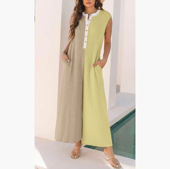 Comfortable Sleeveless Wide Leg Color Block Jumpsuit for Casual Everyday Wear