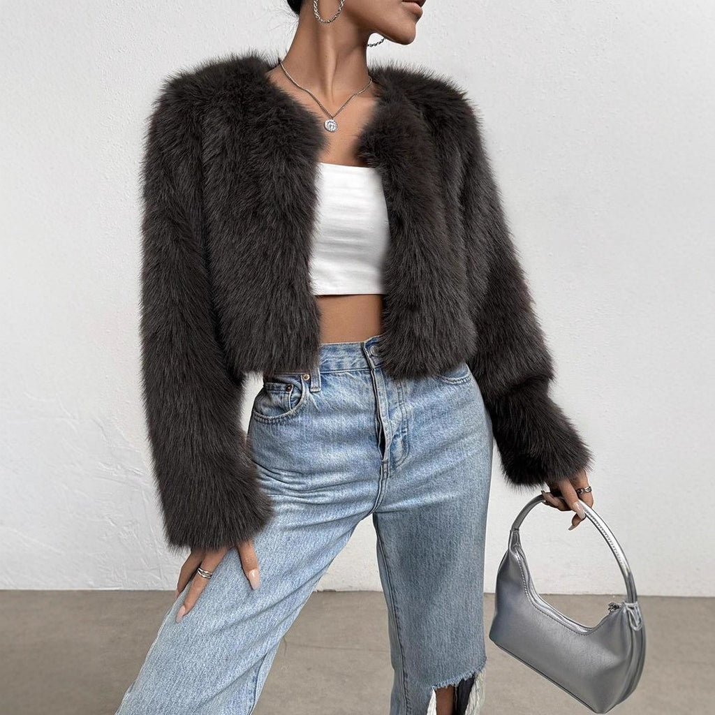 Chic Faux Fur Crop Jacket Long Sleeves Stylish Winter Outerwear