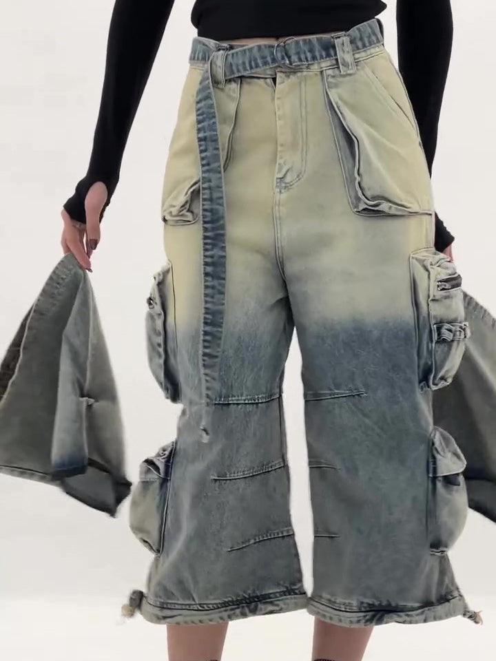 Trendy Ombre High-Waist Baggy Cargo Jeans