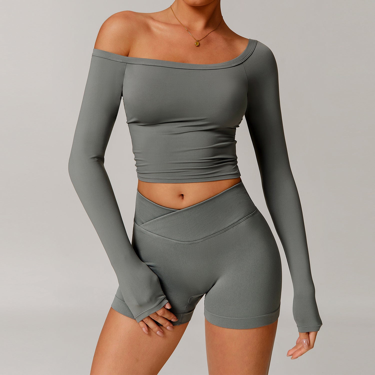 Off Shoulder Long Sleeve Brushed Active Crop Top and High Waisted Shorts Set for Workouts