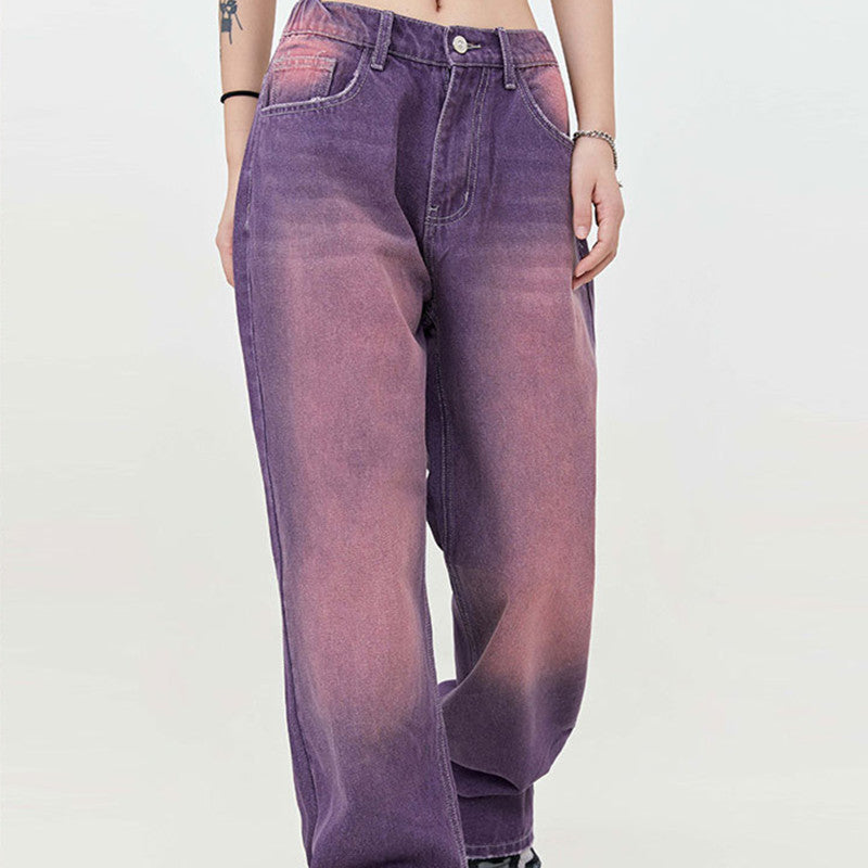 Street Washed Purple Distressed Straight Leg Denim Jeans