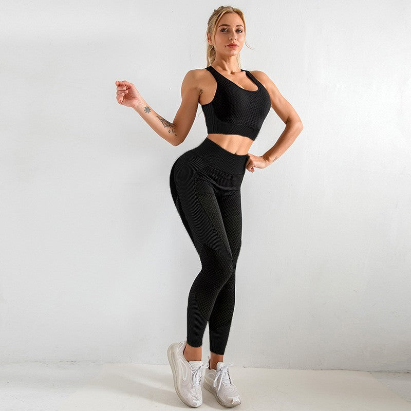 Women's Seamless Ribbed Textured Activewear Set with Sports Bra and High Waisted Leggings