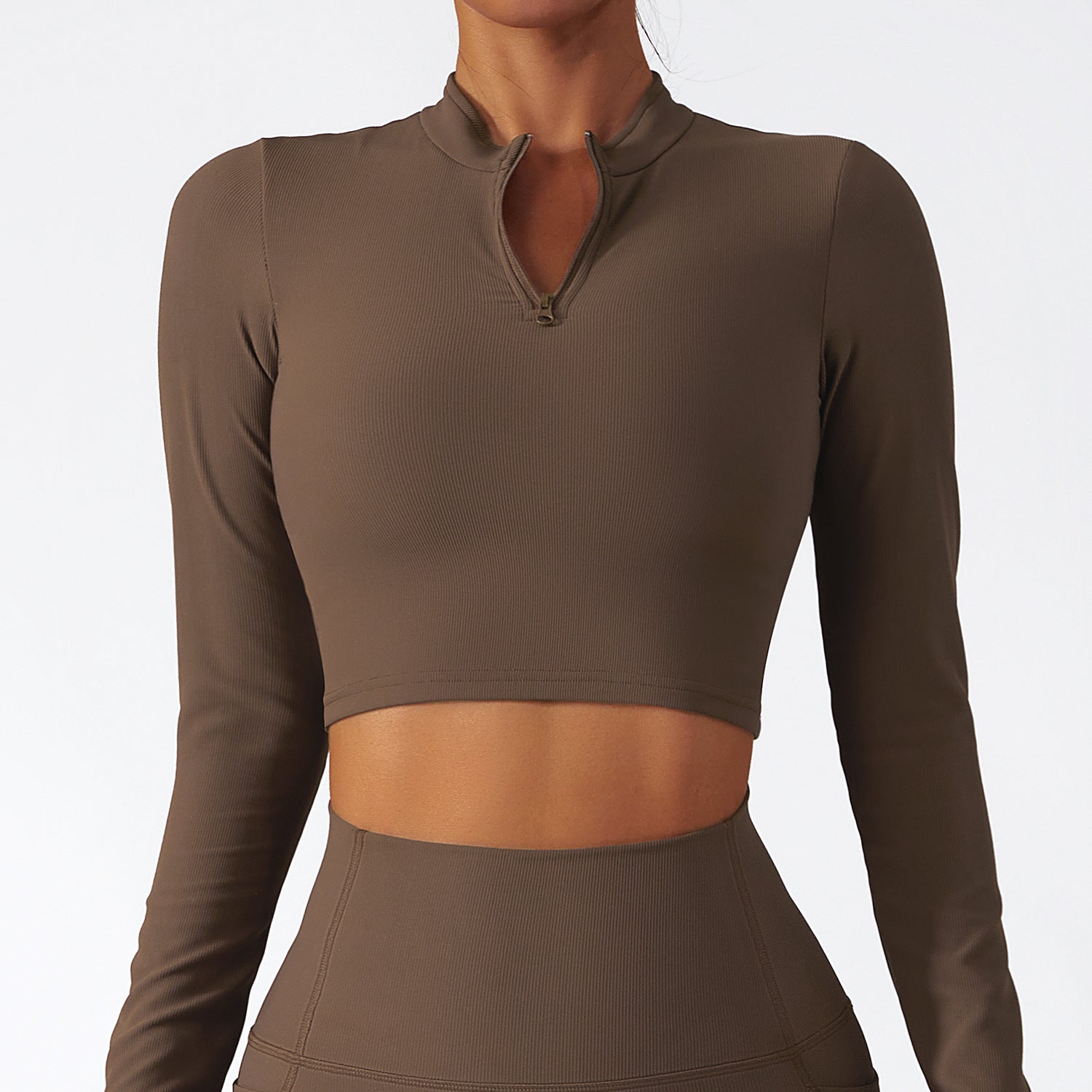 Athletic Ribbed Long Sleeve Stand Collar Zippered Yoga Crop Top for Women
