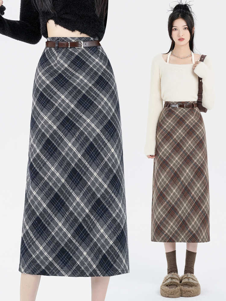 Chic High Waist Wool Blend Plaid A Line Midi Skirt for Women