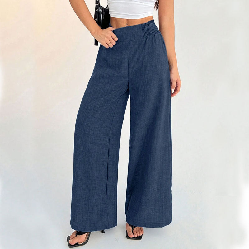 Effortless Flowy Smocked Waist Wide-Leg Pants for Women - Navy