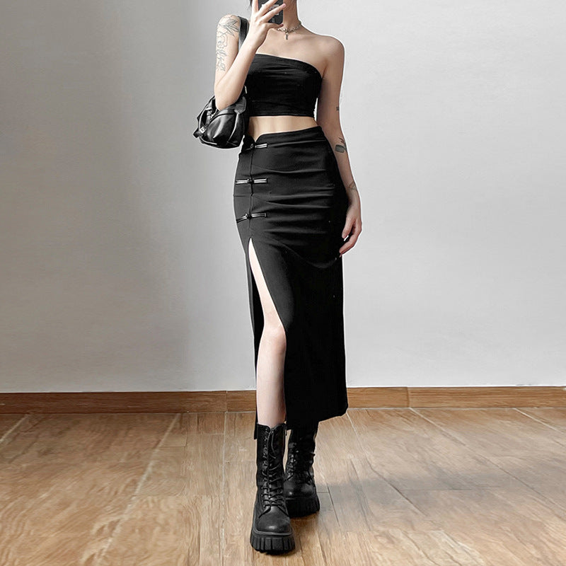 Chic Black High Waist Long Skirt with Statement Side Slit and Button Accents