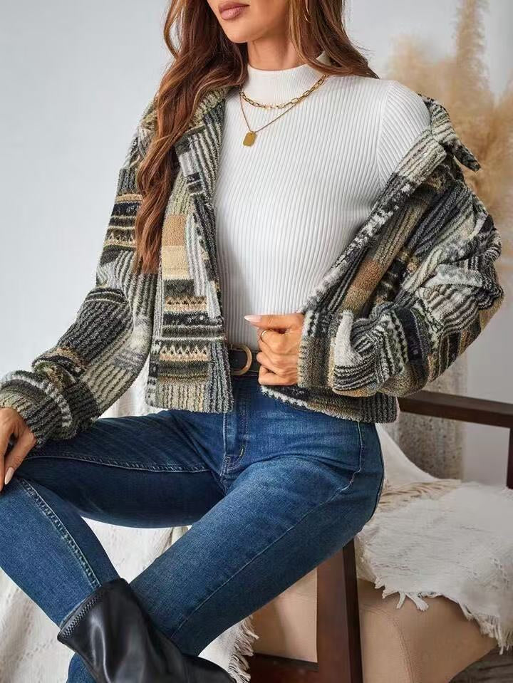 Boho Inspired Patchwork Print Plush Button Down Shacket