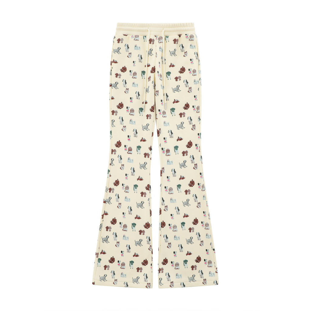 Cozy Elastic Waist Printed Cotton Sweatpants with Dog Print