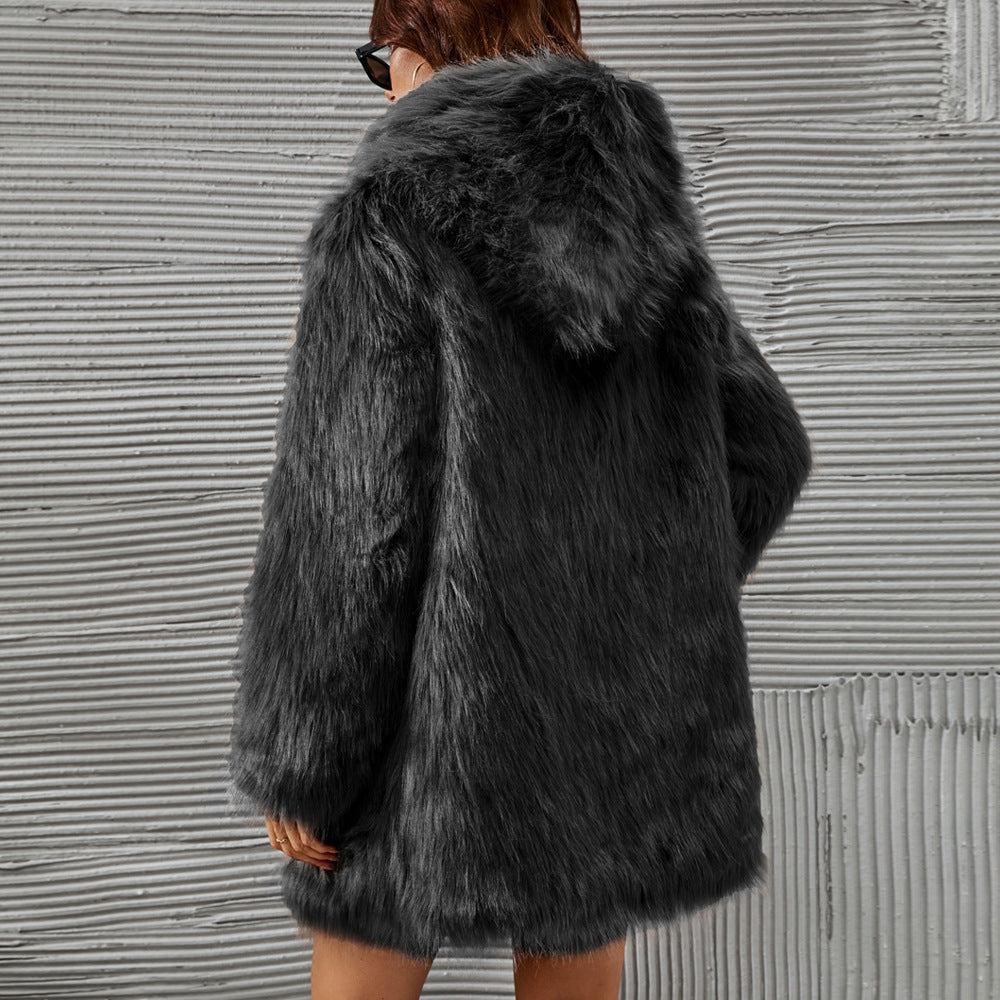Cozy Warm Hooded Faux Fur Mid-Length Winter Coat