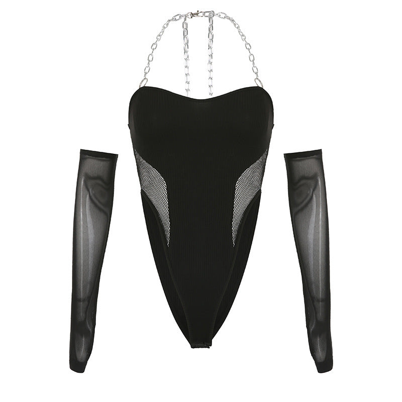 Sleek Black Chain Halter Bodysuit with Mesh Sleeves