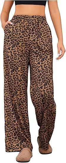 Chic Leopard Print Elastic Waist Wide Leg Trousers for Effortless Style