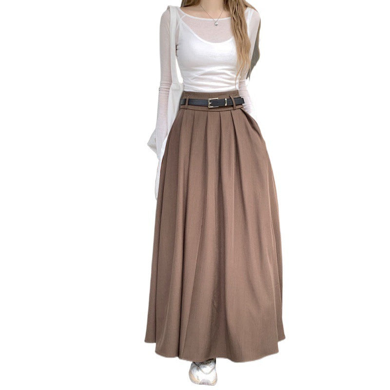 Elegant Pleated Maxi Skirt with Belt Urban Chic High Waist Flowy Design