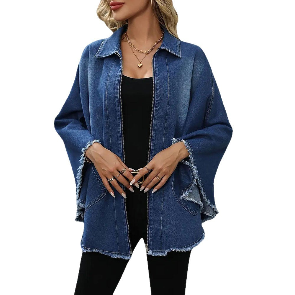 Effortless Street Style Loose Fit Denim Jacket with Raw Edge Batwing Sleeves