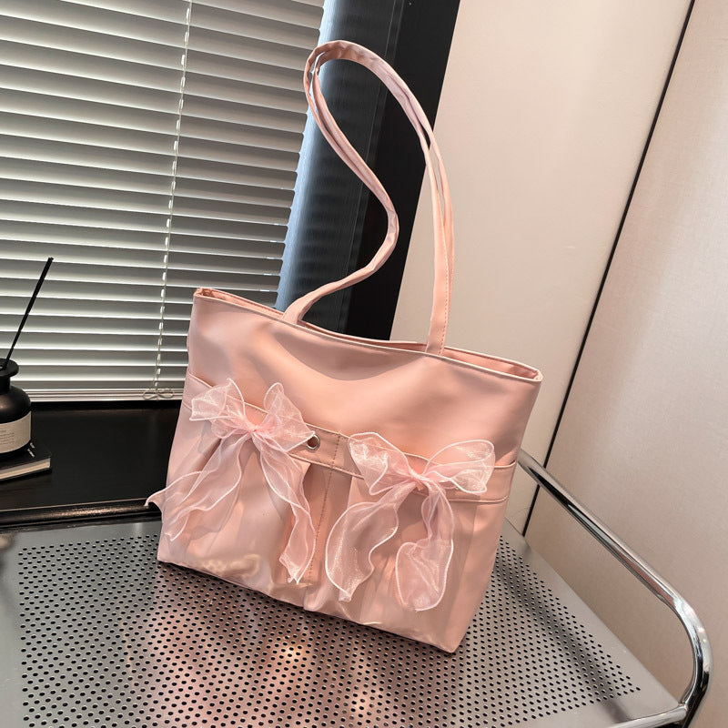 Chic Bow Detail PU Leather Tote Bag - Large Capacity Shoulder Bag for Women