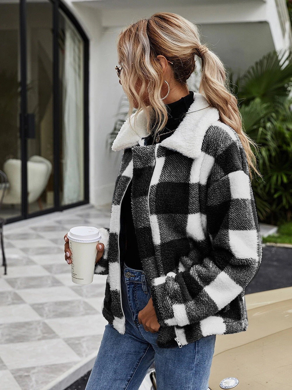 Cozy Warm Plaid Fleece Jacket with Plush Sherpa Collar for Autumn Winter Style