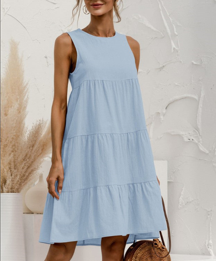 Effortless Cotton Linen Tiered Midi Dress - Casual Sleeveless Summer Style