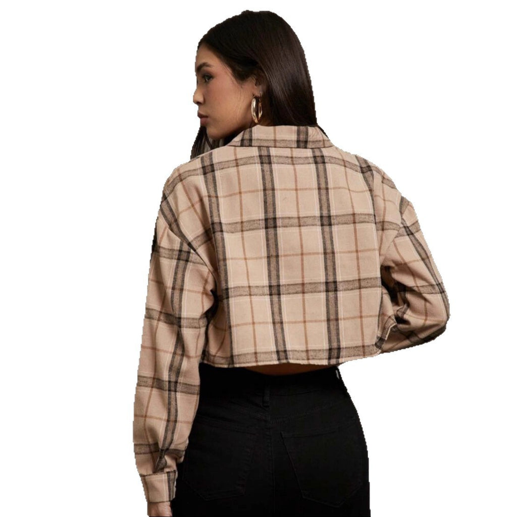 Stylish Plaid Pattern Long Sleeve Cropped Lapel Shirt
