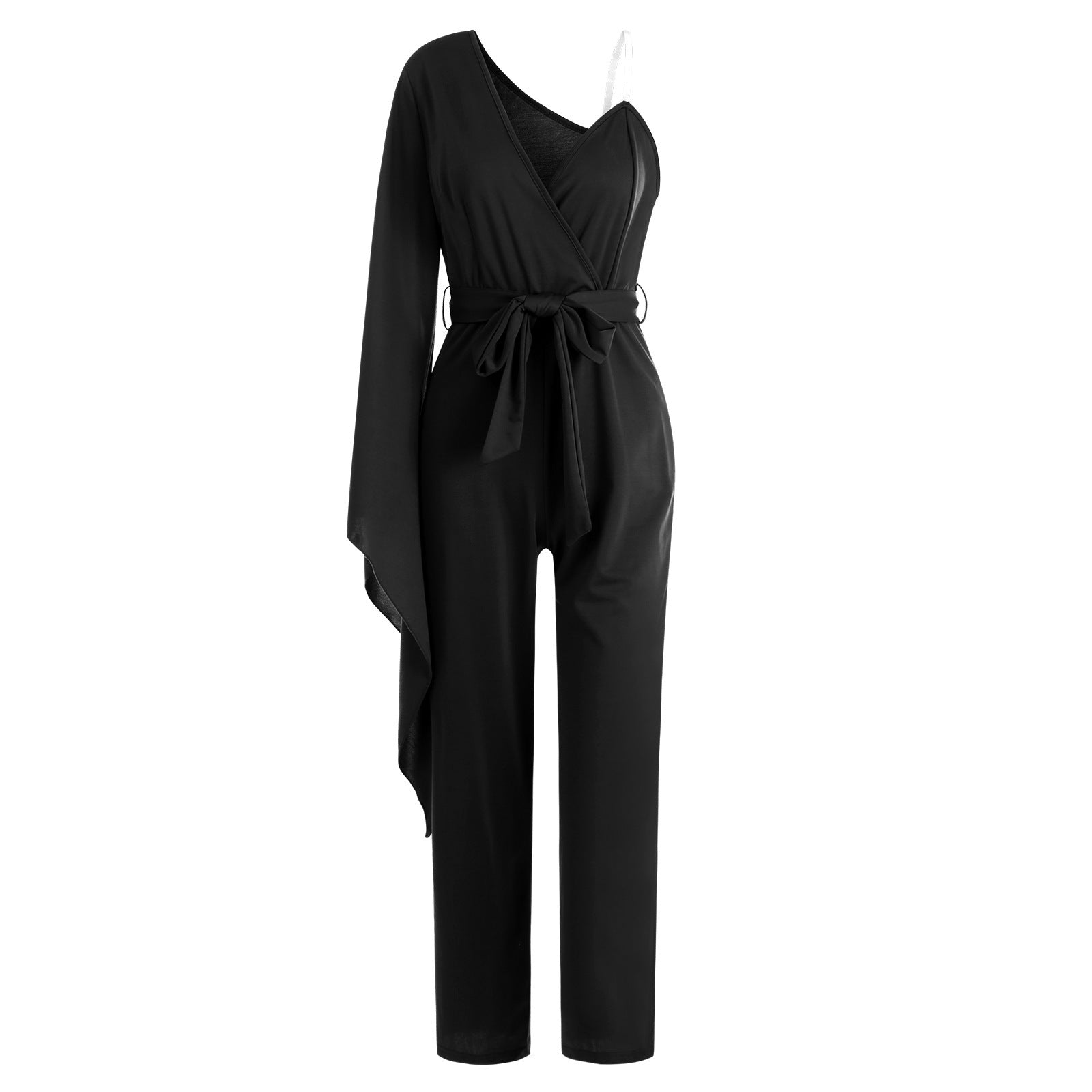 Elegant One Shoulder V Neck Jumpsuit with Flattering Waist Tie for Women
