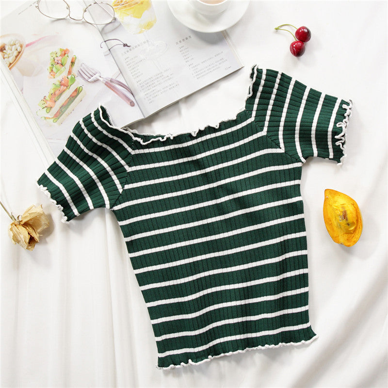 Chic Striped Off-Shoulder Ribbed Knit Crop Top for Women