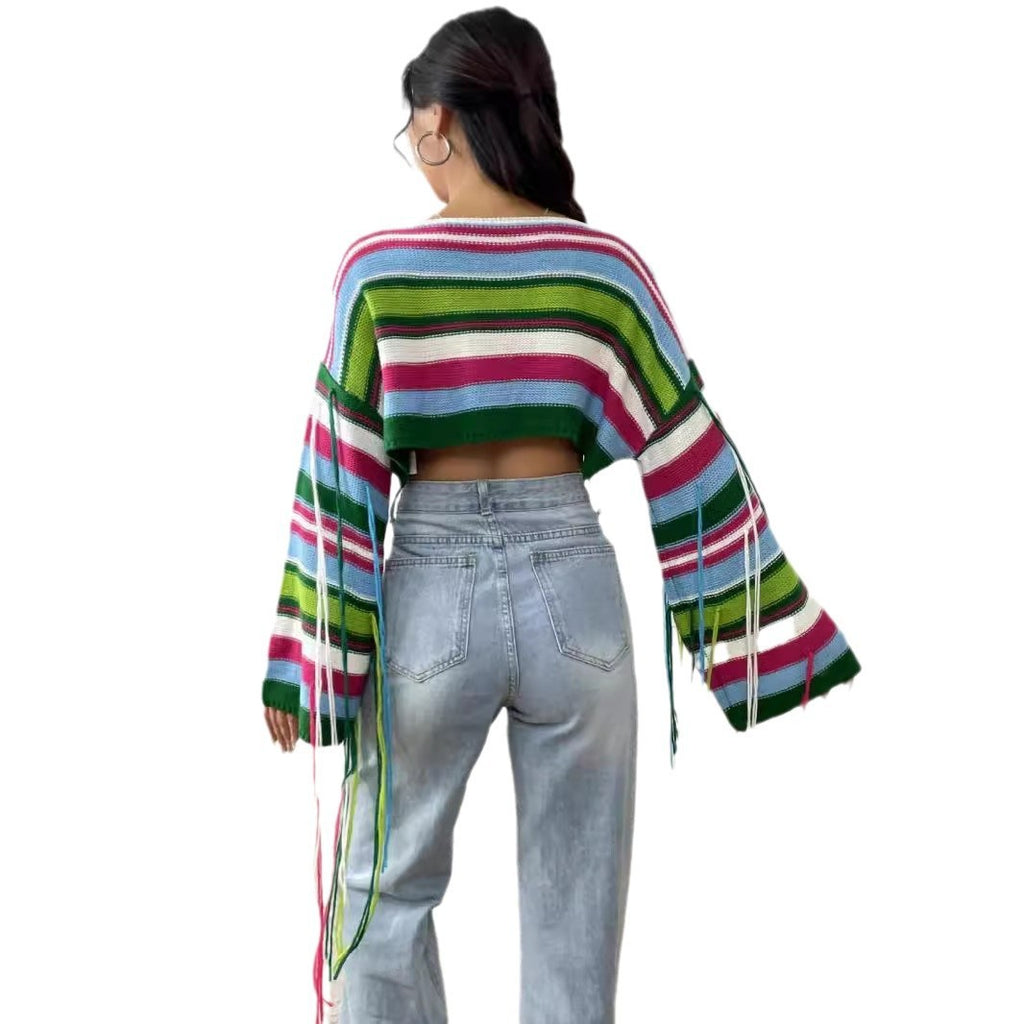 Vibrant Striped Loose Cropped Sweater with Bell Sleeves