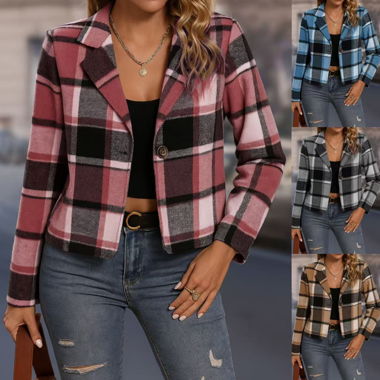 Classic Plaid Cropped Blazer Jacket for Everyday Chic Style