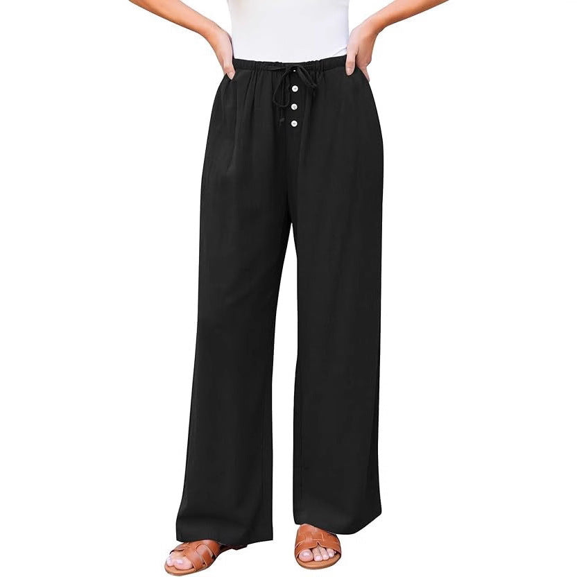 Women's High Waist Wide Leg Cotton Pants with Drawstring