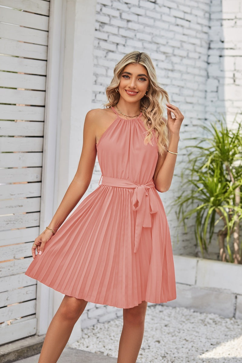 Women's Halter Pleated Dress - Lace-up Cocktail Mini