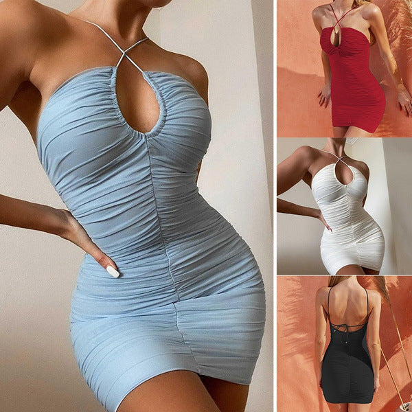 Trendy Ruched Bodycon Halter Neck Keyhole Mini Dress for Nights Out