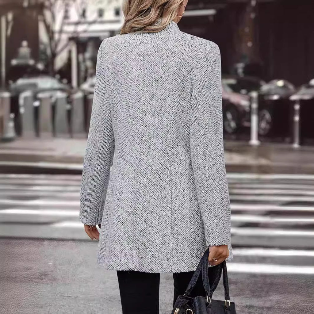 Chic Women's Long Sleeve Stand Collar Wool Blend Trench Coat