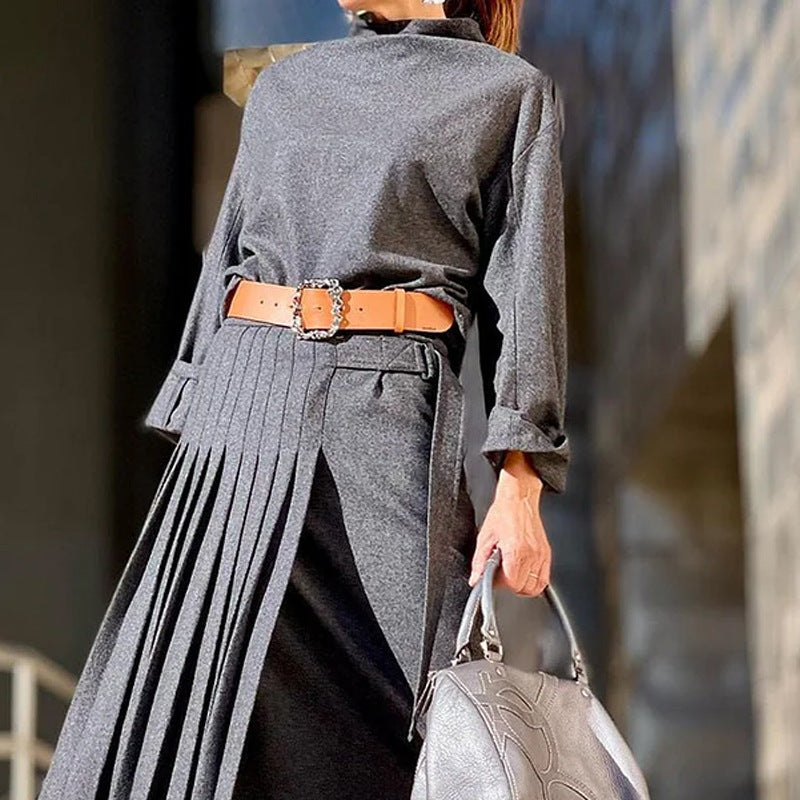 Elegant Long Sleeve Belted Pleated Midi Dress