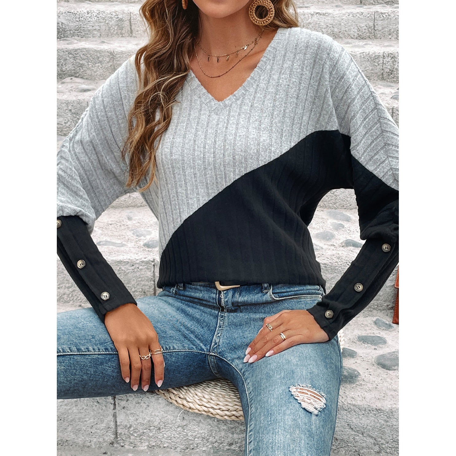 Chic Color Block Ribbed Knit V Neck Long Sleeve Sweater Top