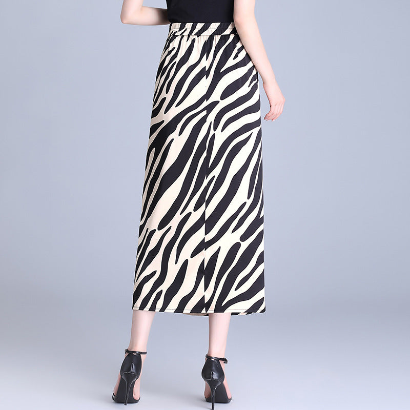 Chic High Waist Zebra Stripe Midi Skirt with Stylish Side Slit
