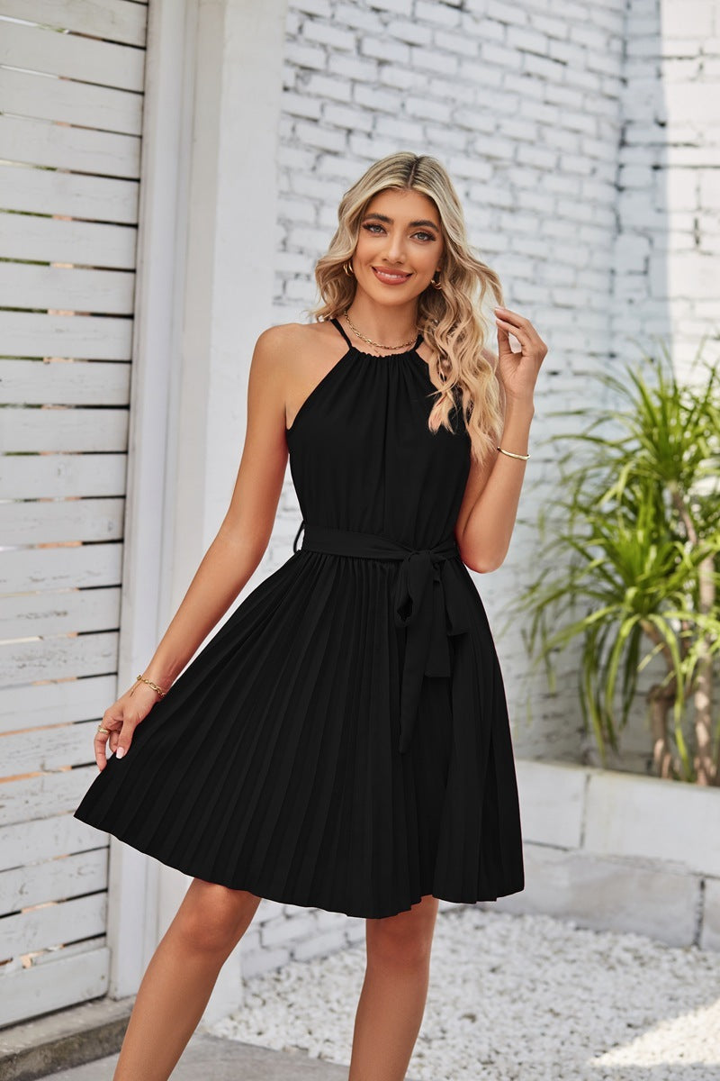 Women's Halter Pleated Dress - Lace-up Cocktail Mini