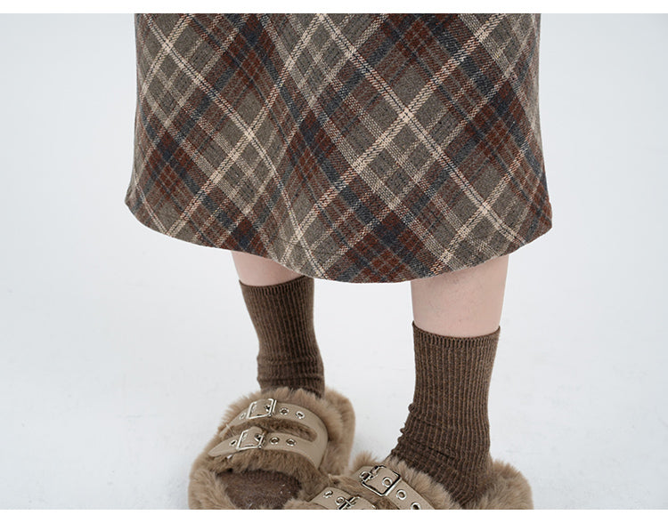 Chic High Waist Wool Blend Plaid A Line Midi Skirt for Women