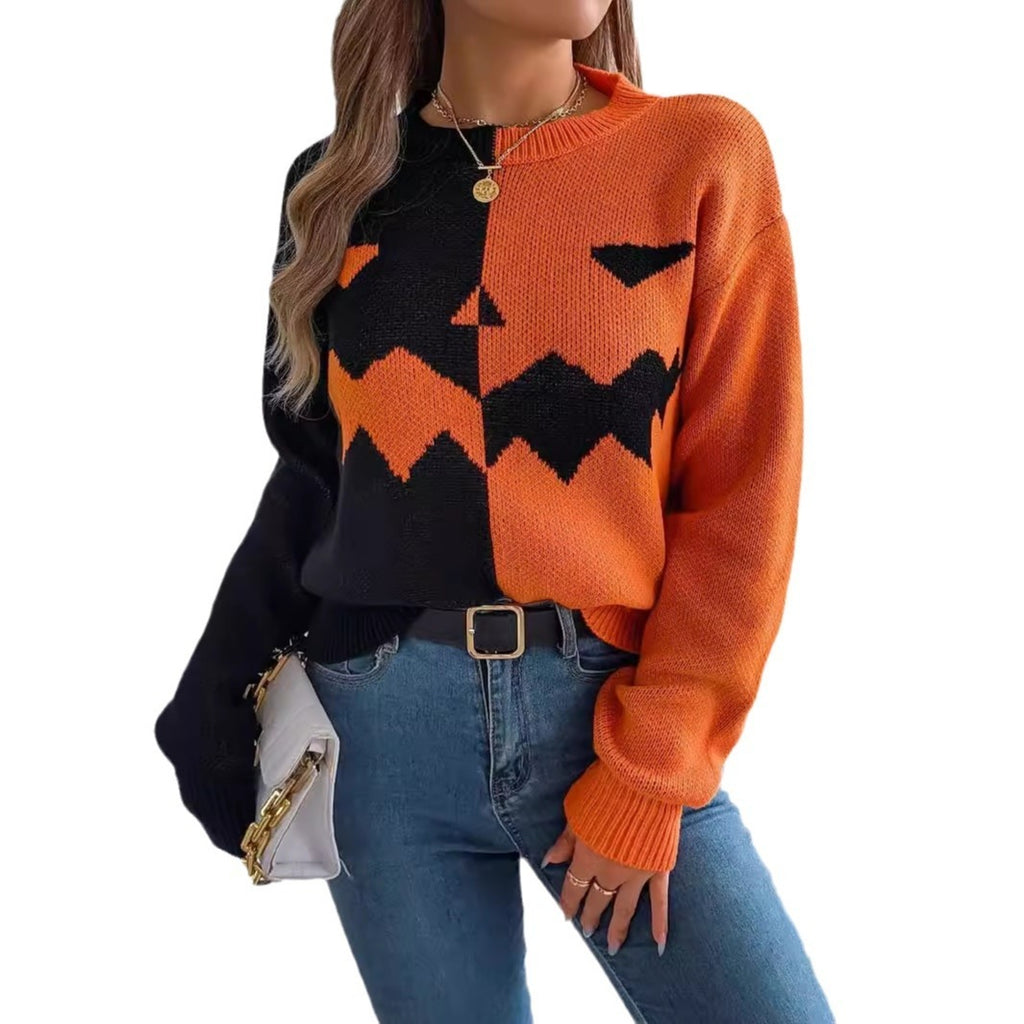 Spooky Chic Pumpkin Face Contrast Knit Long Sleeve Pullover Sweater