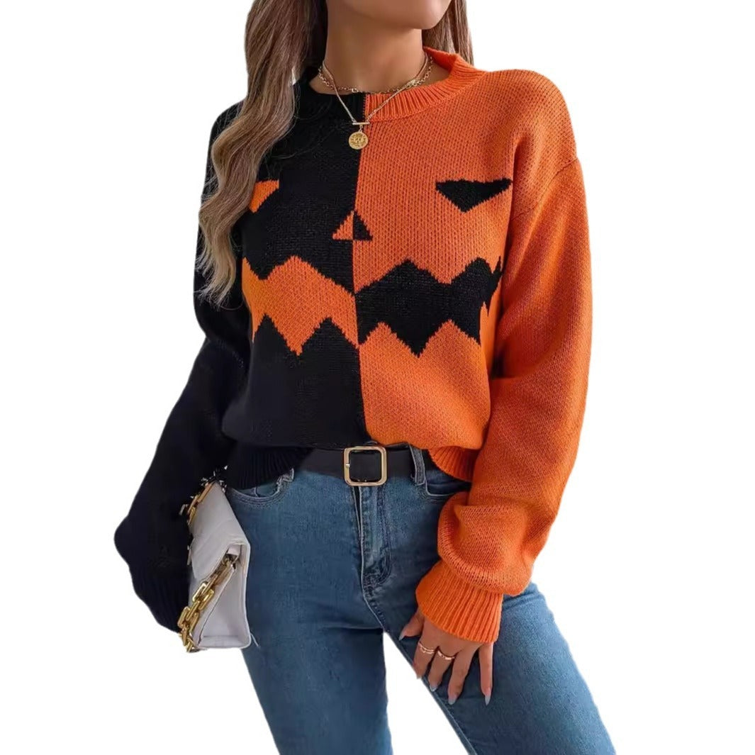 Spooky Chic Pumpkin Face Contrast Knit Long Sleeve Pullover Sweater