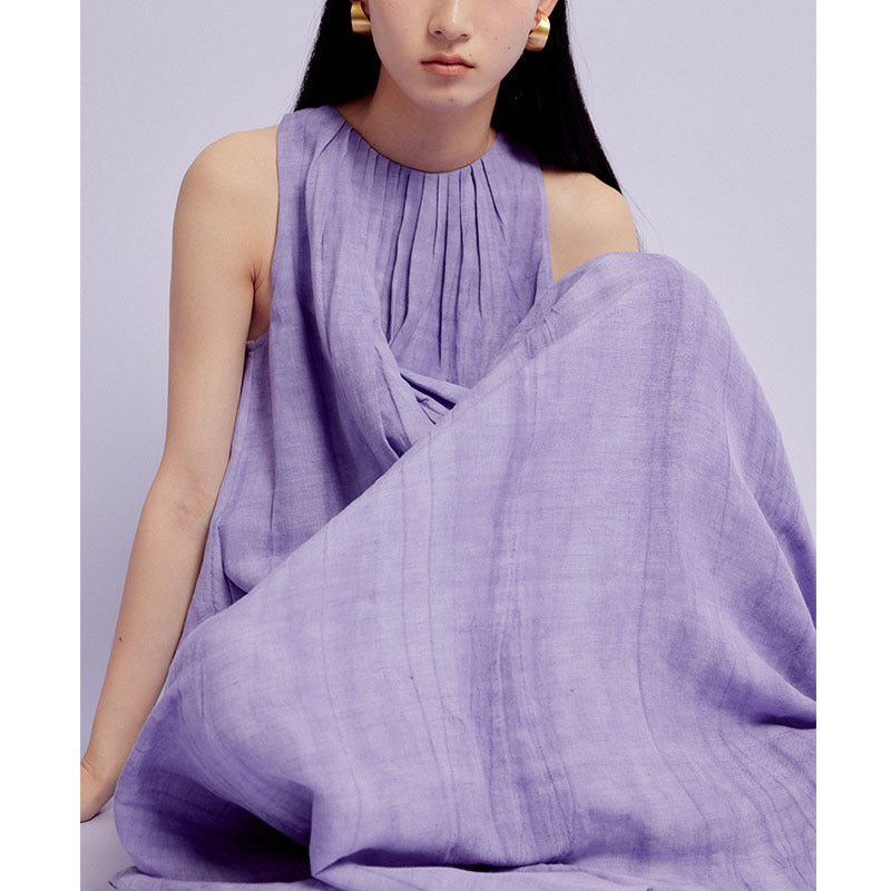 Effortless Relaxed Fit Pleated Neckline Sleeveless Midi Dress with Pockets