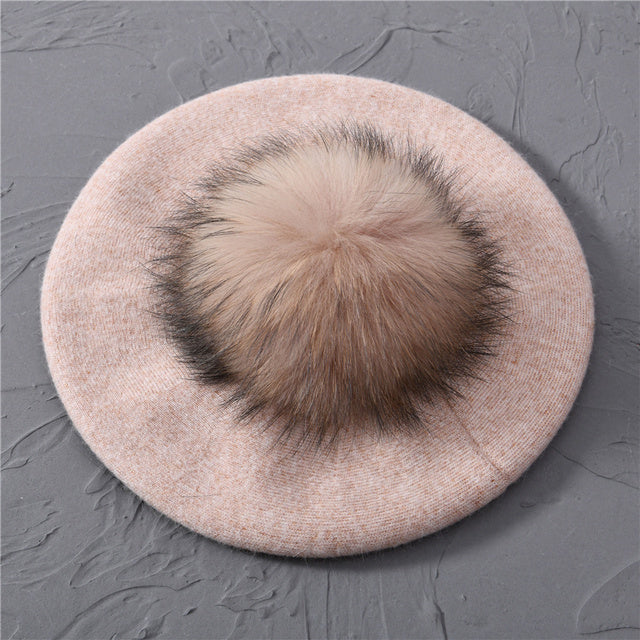 Women's Wool Beret with Real Raccoon Fur Pom Pom