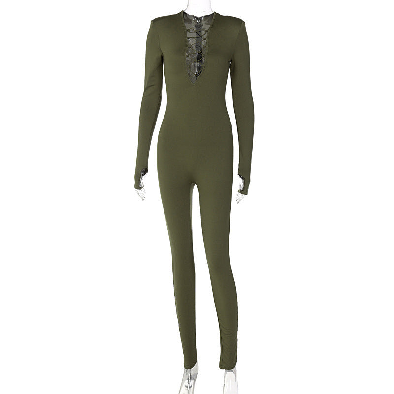Sleek Bodycon Long Sleeve Deep V Neck Lace Up Jumpsuit for Dynamic Style