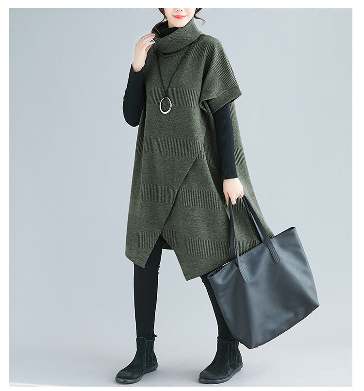 Comfortable Relaxed Fit Turtleneck Short Sleeve Irregular Hem Tunic Dress
