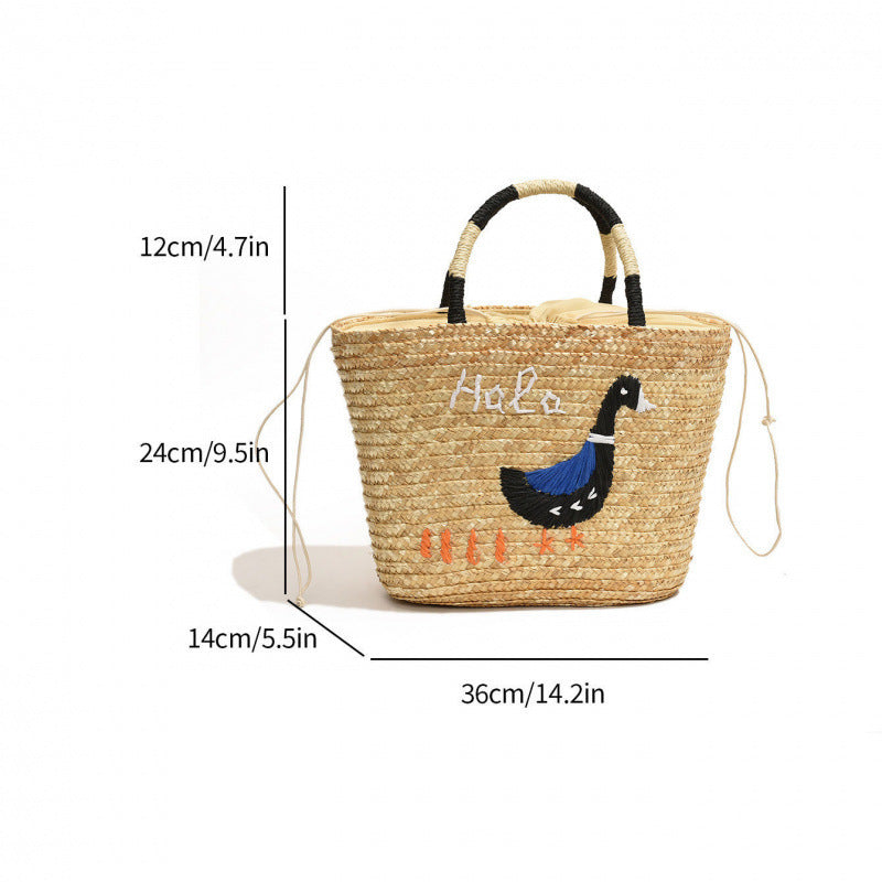 Chic Hand-Woven Straw Tote Bag with Playful Duck Embroidery