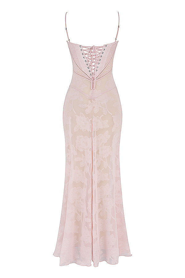 Elegant Floral Lace Maxi Dress with Suspender & Tie-Back Detail