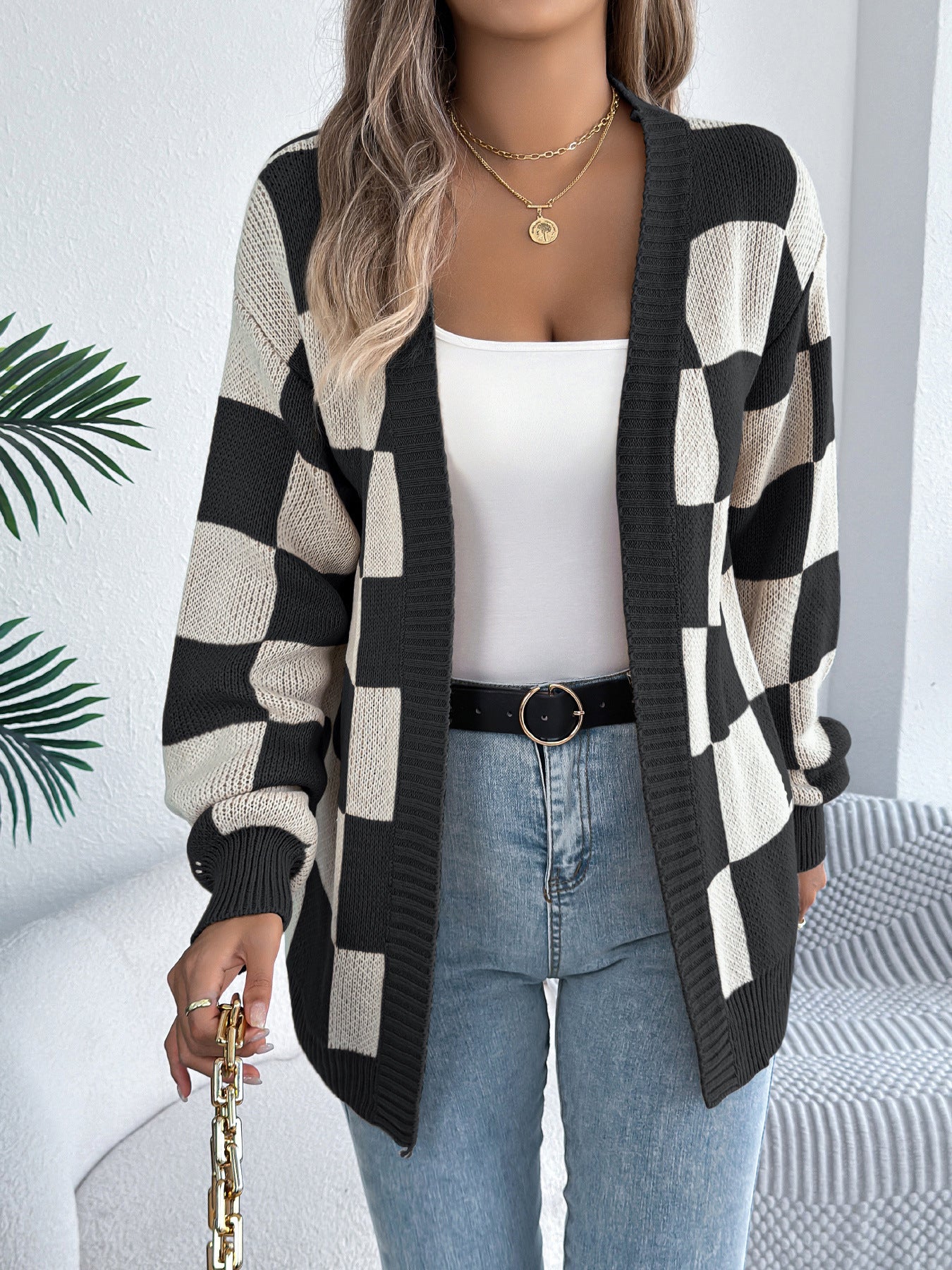 Cozy Plaid Checkered Long Sleeve Knit Cardigan Sweater