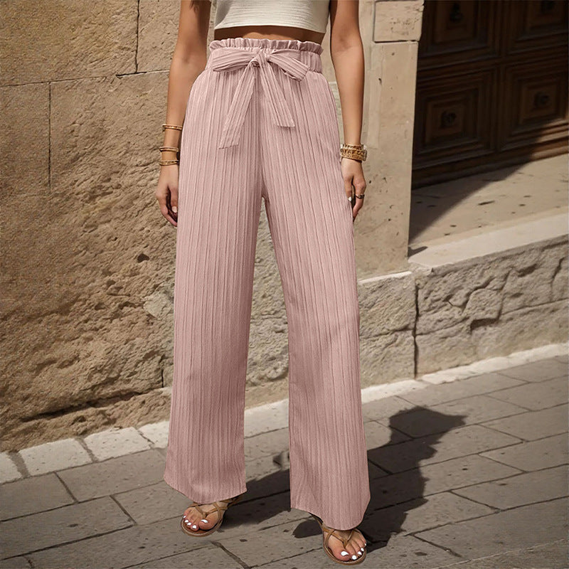 Comfortable High Waisted Paperbag Wide Leg Trousers with Tie Belt