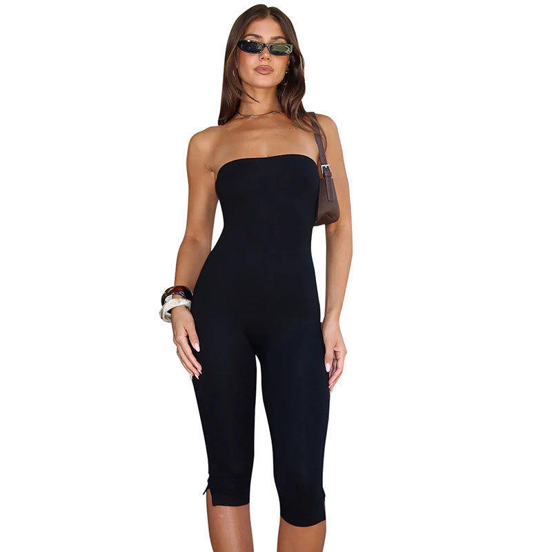 Trendy Black Tube Top Jumpsuit - Sleek & Versatile Cropped Fit