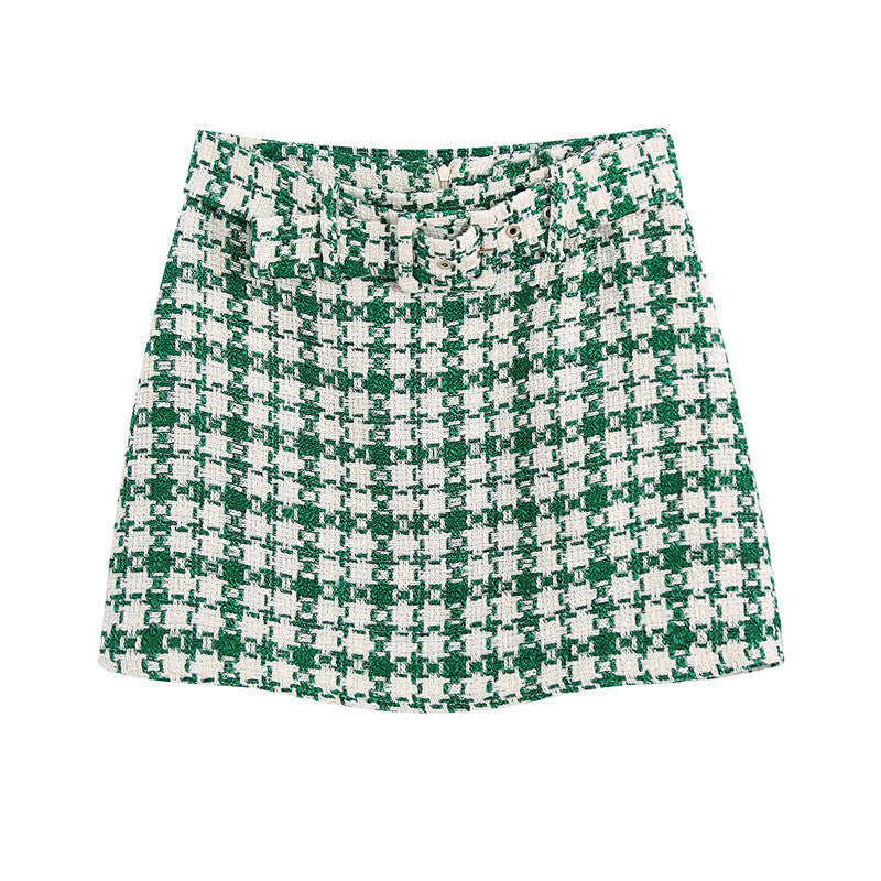 Chic Green and White Plaid Textured Mini Skirt with Elegant Buckle Detail